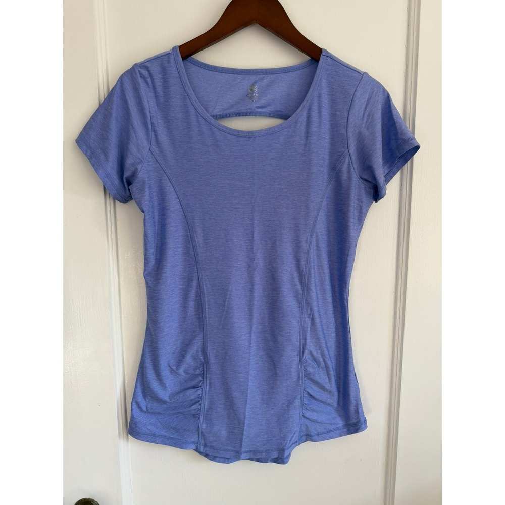 Gaiam Activewear Top Women Small Blue Space Dye Short Sleeve Cutout Back Ruched